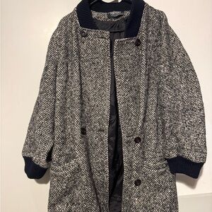 Grey Tweed Long Coat with Black Trim